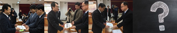(왼쪽부터) 복기왕 전 아산시장, 박수현 전 청와대 대변인 대리인, 김용필(국민의당) 도의원 등이 13일 충남지사 예비후보자 등록을 하고 있다. 자유한국당은 극심한 인물난으로 등록을 하지 못했다.