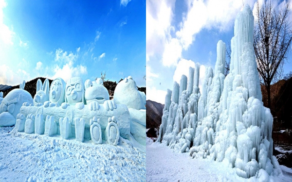 충남 청양 알프스마을의 눈조각과 얼음분수(충남도청 제공)