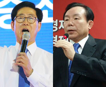 민주당 양승조 충남지사 후보(왼쪽)와 한국당 이인제 후보.