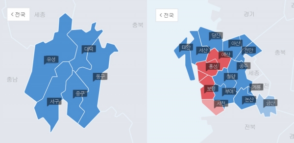 충청권 기초단체장(시군구청장)선거에서 대전은 민주당이 석권했고, 충남은 15개 시군 가운데 4곳을 제외한 11곳에서 민주당이 승리했다. 네이버 포탈.