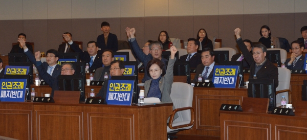 지난 2월 제 10대 충남도의회에서는 더불어민주당 소속 의원들이 충남인권조례 폐지에 반대했지만 역부족 이었다.