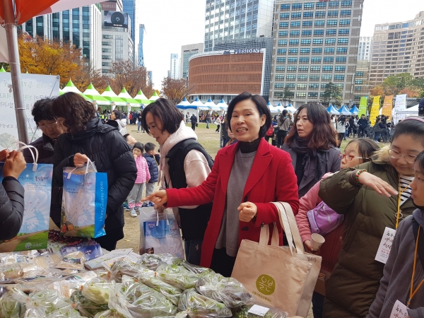 지난 9일 서울시청 앞 서울광장에서 열린 학교·공공급식 한마당에 참가한 서울시민들이 홍성군 부스에서 급식 식자재를 둘러보고 있다.