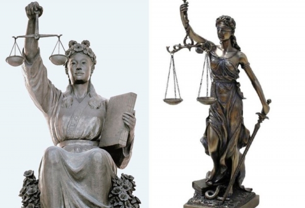 대법원 대법정홀 중앙에 있는 정의의 여신상(왼쪽)과 서양의 정의의 여신상. 인터넷 포털 자료사진.