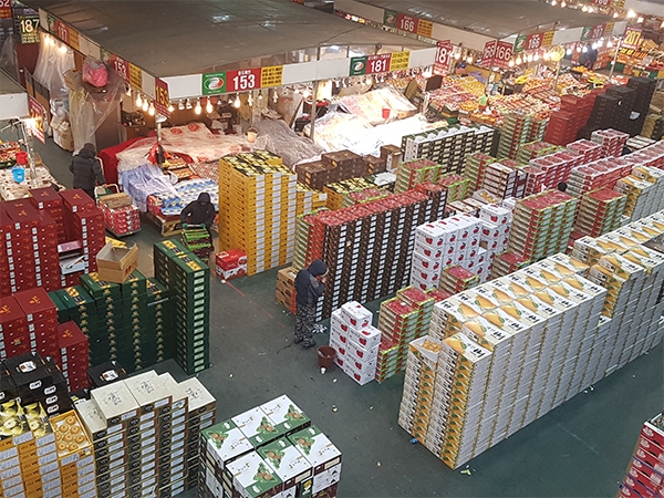 노은동 농수산물시장에서 경매 받은 과일 상자를 정리하고 있는 상인들.