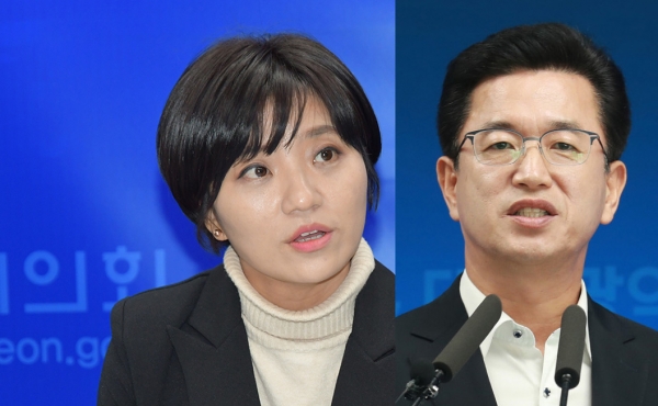 김소연 대전시의원(바른미래, 서구6, 사진 왼쪽)이 28일 시정질의를 통해 허태정 대전시장(오른쪽)을 거세게 비판했다. 자료사진.