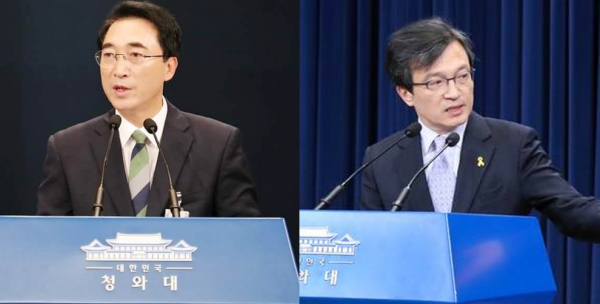 김의겸 청와대 대변인(오른쪽)과 박수현 전 대변인.