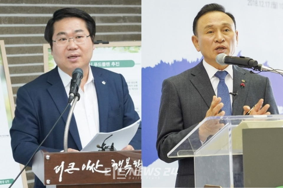 구본영 천안시장(오른쪽)과 오세현 아산시장이 25일 한국매니페스토실천본부가 발표한 공약실천계획서 평과 결과에서 최고 등급인 SA등급을 받았다.