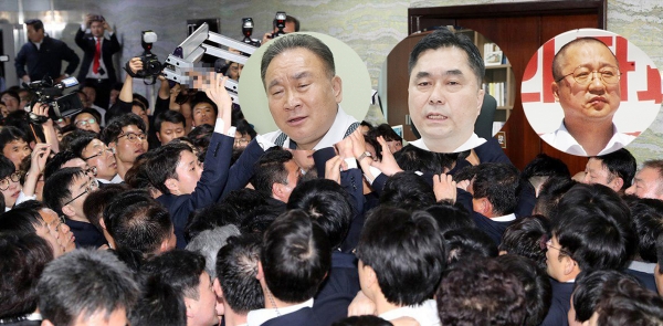 패스트트랙 대치와 북한의 잇따른 무력시위 공방에 국회 정상화가 요원한 가운데 충청권 여야 의원들이 방송에 출연해 각자 해법을 제시했다. 사진 위 원 왼쪽부터 이상민-김종민 민주당 의원, 이장우 한국당 의원