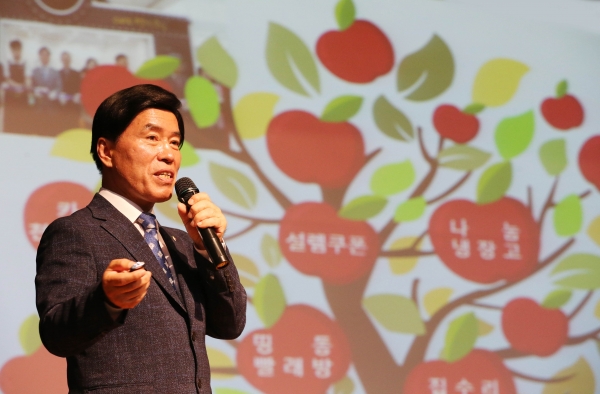 황인호 동구청장이 프리젠테이션을 통해 민선7기 1년 성과를 설명하고 있다.