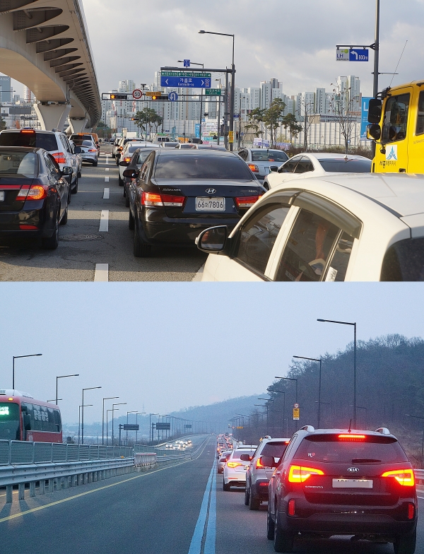 세종시가 인구 34만여 명인 지금부터 수요 예측과는 달리 출·퇴근시간대에 교통체증 상습구간(사진 위)이 발생하고 대전으로 오가는 간선급행버스체계(BRT) 전용차로(아래)도 상습정체구간이 심각하게 나타나고 있다.