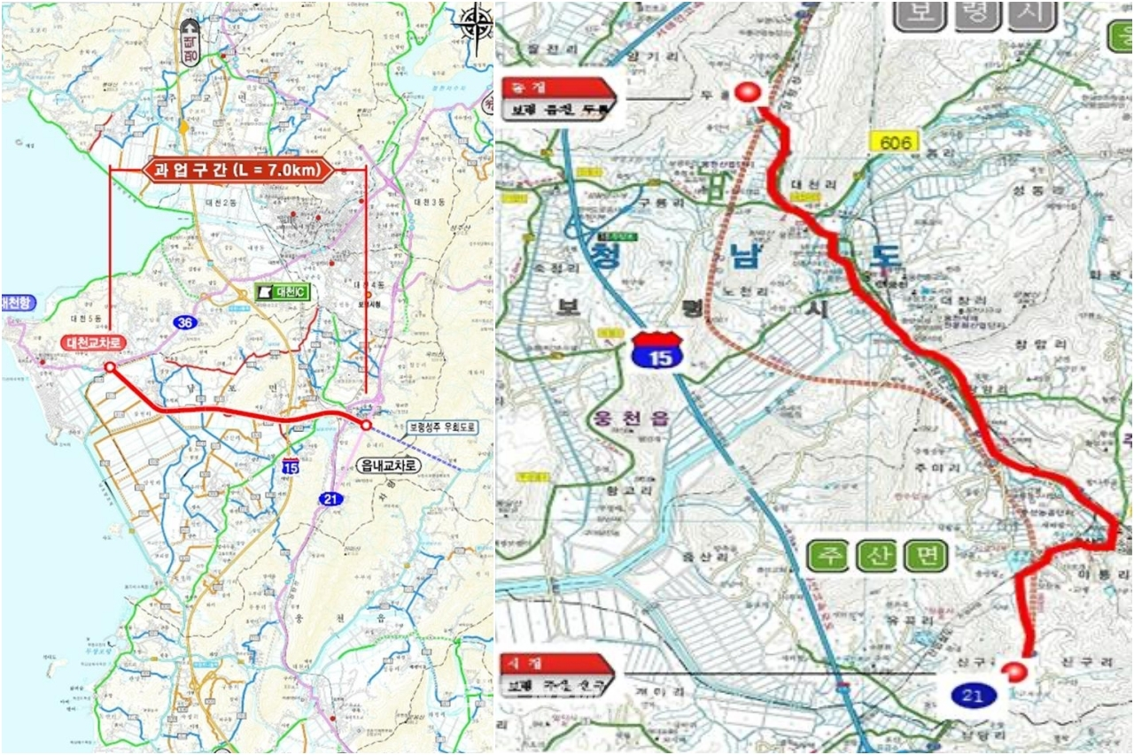 국도 21호 보령~서천 2공구 사업(오른쪽)과 국도 77호 남포읍내~신흑 간 우회도로 건설 위치도.