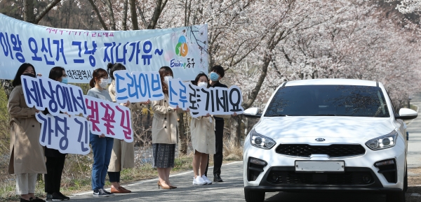 대전 동구청 직원들이 31일 대청호 벚꽃길 일원에서 사회적 거리두기 캠페인을 전개하고 있다.