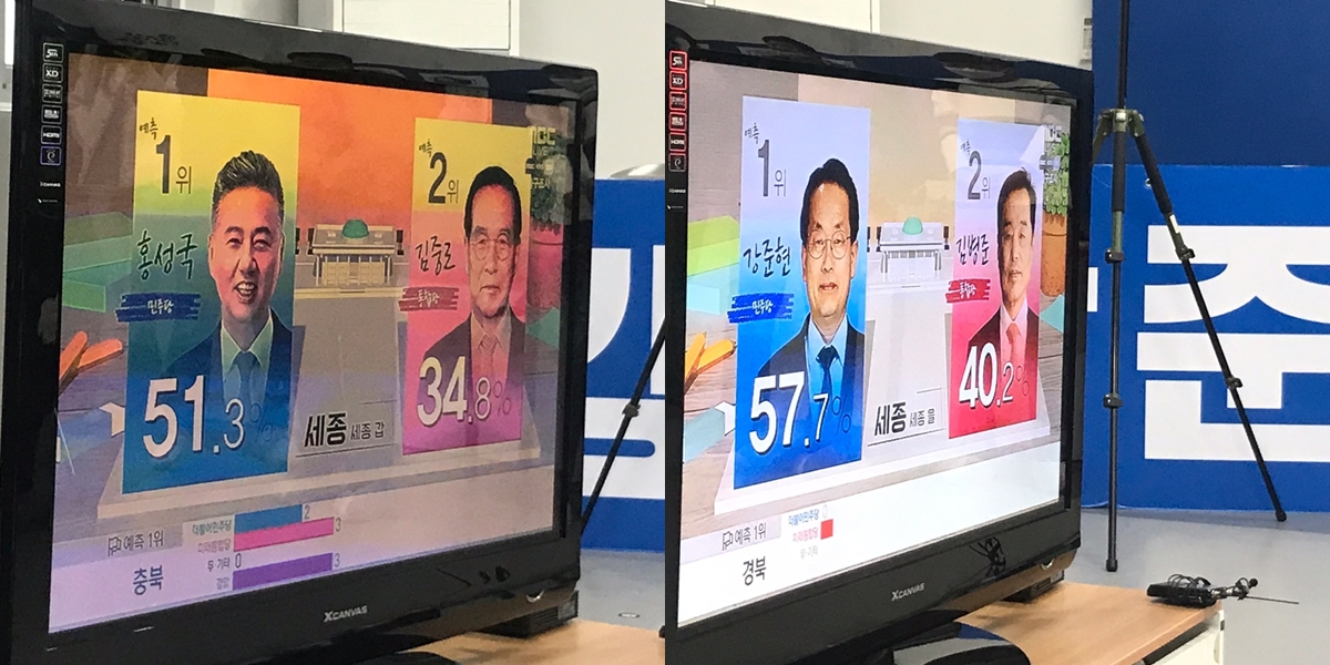 세종시 갑·을 지역구 총선 출구조사 결과. 두 지역구 모두 민주당 후보들이 크게 앞서고 있다. (사진=MBC 방송화면)