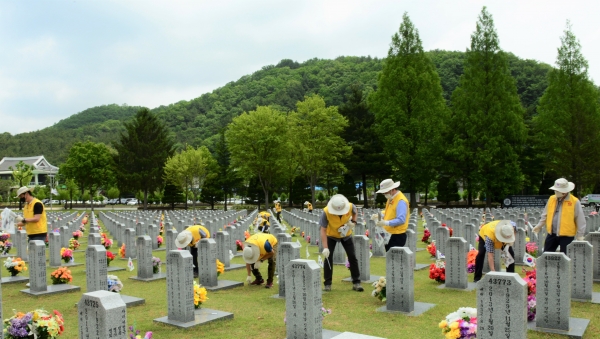 한전원자력연료 임직원들이 3일 국립대전현충원에서 묘역관리 봉사활동을 펼치고 있다.
