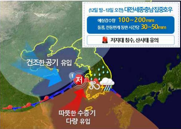 대전기상청이 14일까지 대전세종충남지역에 많은 비가 내리겠다고 예보했다.