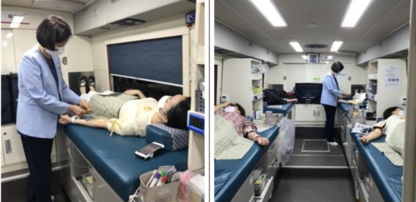 대전경제통상진흥원 임직원들이 헌혈을 실시하고 있다.