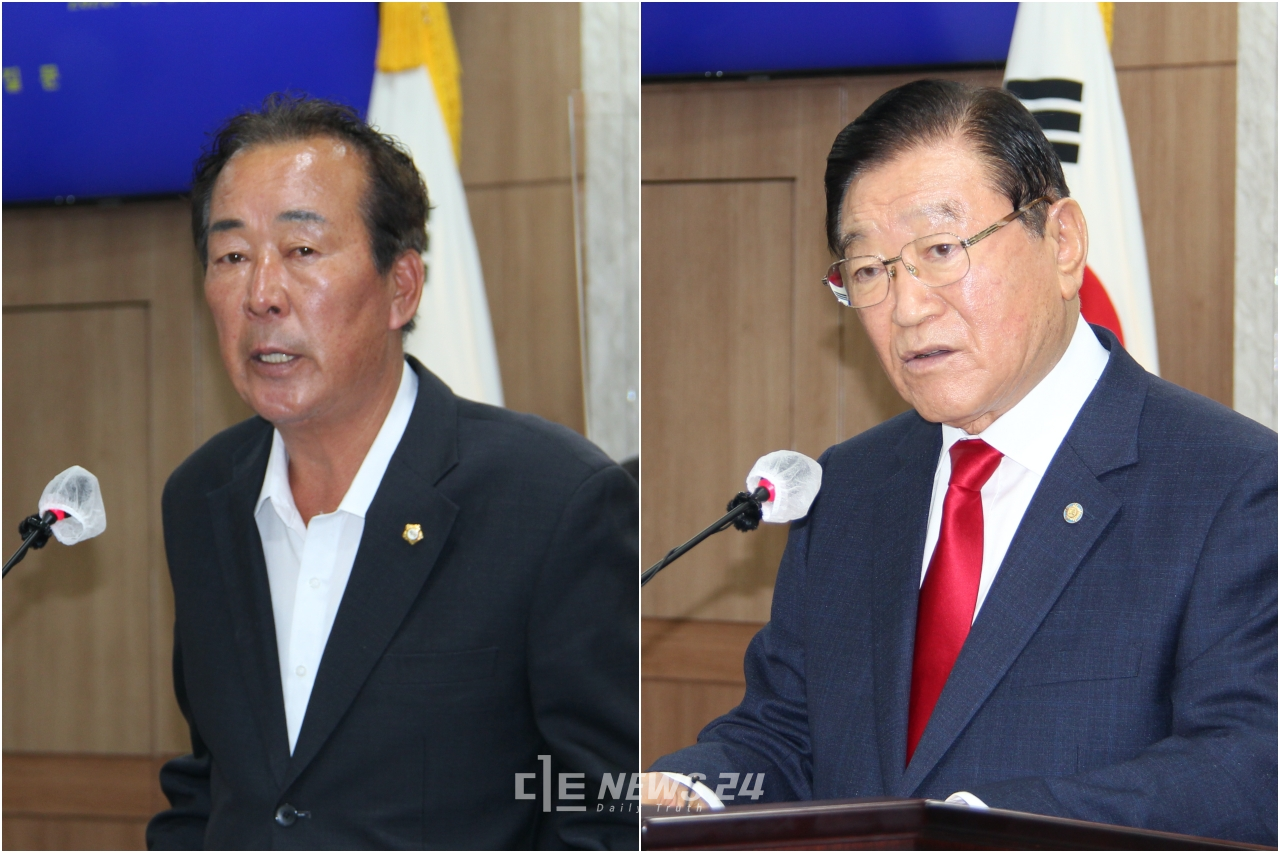 군정질문에 나선 이병국 홍성군의회 의원(왼쪽)과 답변에 나선 김석환 홍성군수.