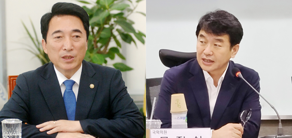 문진석 더불어민주당 의원(오른쪽)과 박수현 민주당 홍보소통위원장.