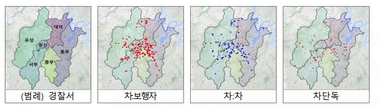 빅데이터 활용한 교통사고 잦은 곳 지도. 대전경찰 제공