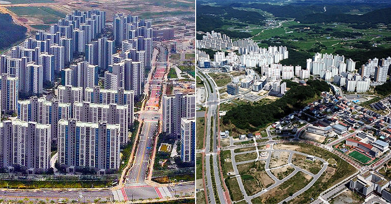 남악신도시 오룡지구(왼쪽)와 경북도청 신도시 모습. 내포신도시와 마찬가지로 도청이 이전하면서 조성된 신도시로, 행정구역이 나뉘면서 다양한 갈등 사례가 발생하고 있다. 