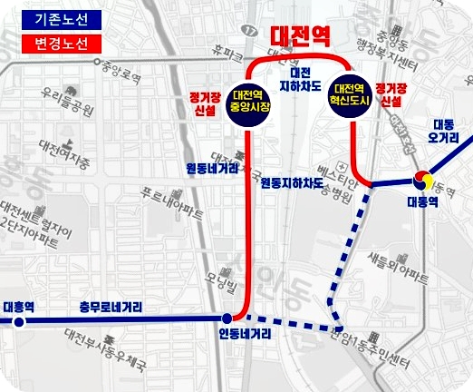 대전역을 경유하는 대전도시철도 2호선 트램의 노선(대전시청)