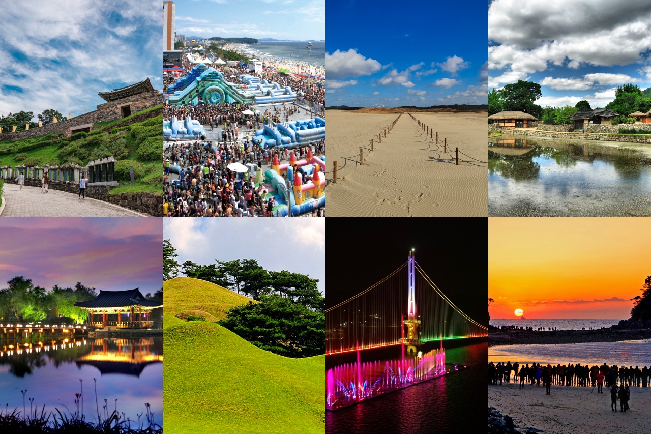 (윗줄 왼쪽부터 시계방향) 공주 공산성, 보령 대천해수욕장, 태안 신두리 해안사구, 아산 외암마을, 안면도 꽃지해수욕장, 예산 예당호 출렁다리, 