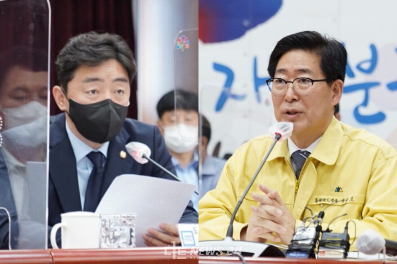 양승조 충남지사(오른쪽)와 강훈식 민주당 충남도당위원장이 15일 도청 대회의실에서 열린 '더불어민주당-충남도 예산정책협의회'에 참석해 지역현안 지원을 요청하고 있다. 황재돈 기자.