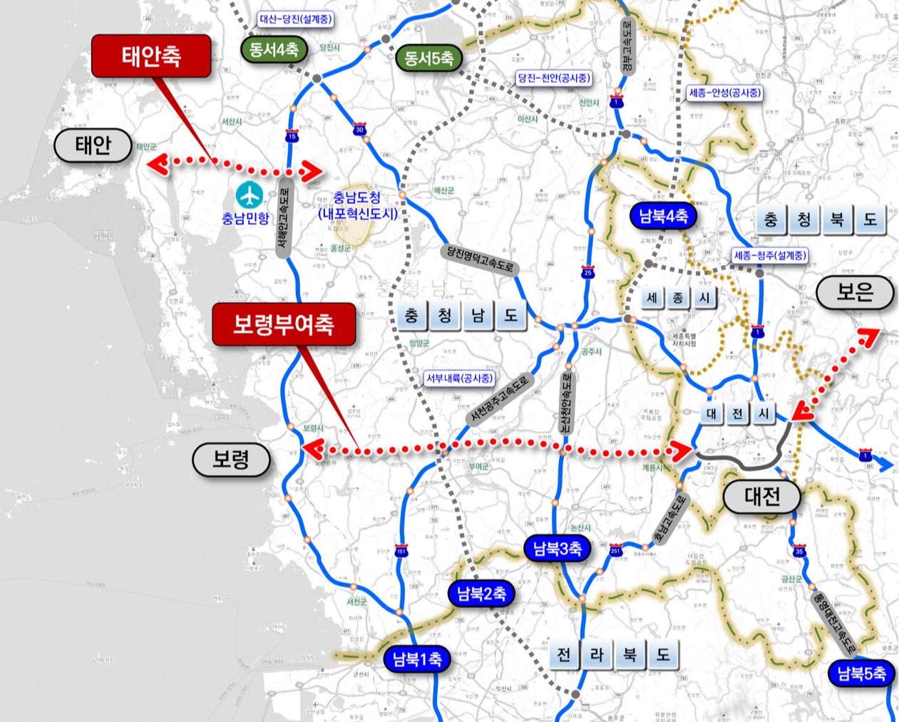 제2차 국가도로망계획에 포함된 보령~대전~보은 고속도로 위치도.