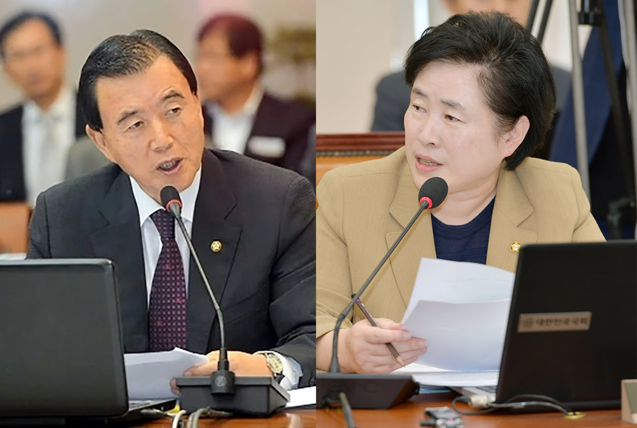 홍문표 국민의힘 충남 총괄선대위원장(왼쪽)과 신용현 국민의당 중앙당 공동선대위원장.