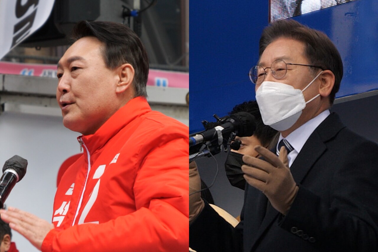 15일 대전 중구 중앙로역 으능정이거리에서 현장 유세 중인 대선 후보들. 왼쪽부터 윤석열 국민의힘 후보, 이재명 더불어민주당 후보. 최찬룡 영상기자.