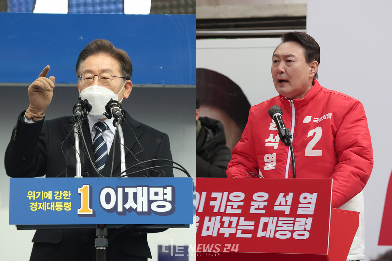 이재명 더불어민주당 대선 후보와 윤석열 국민의힘 대선 후보가 공식 선거운동 첫날인 지난 15일 대전 으느정이에서 유세하고 있는 모습. 양 당 시당 선대위 제공.
