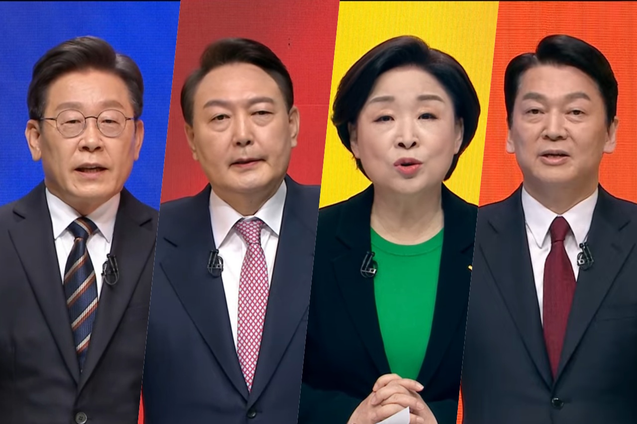 대선 막판 ‘정치교체론’과 ‘정권교체론’이 정면 충돌하면서 중도층 표심에 관심이 쏠리고 있다. 왼쪽부터 더불어민주당 이재명, 국민의힘 윤석열, 정의당 심상정, 국민의당 안철수 대선 후보.