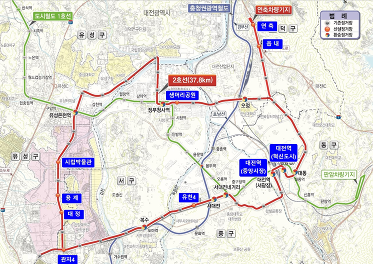대전 도시철도 2호선 트램 노선 및 정거장 위치도. 파란색 표시 부분이 추가 설치될 정거장 위치다. 다만, 향후 건설과정에서 일부 조정될 가능성도 있다. 대전시 제공.