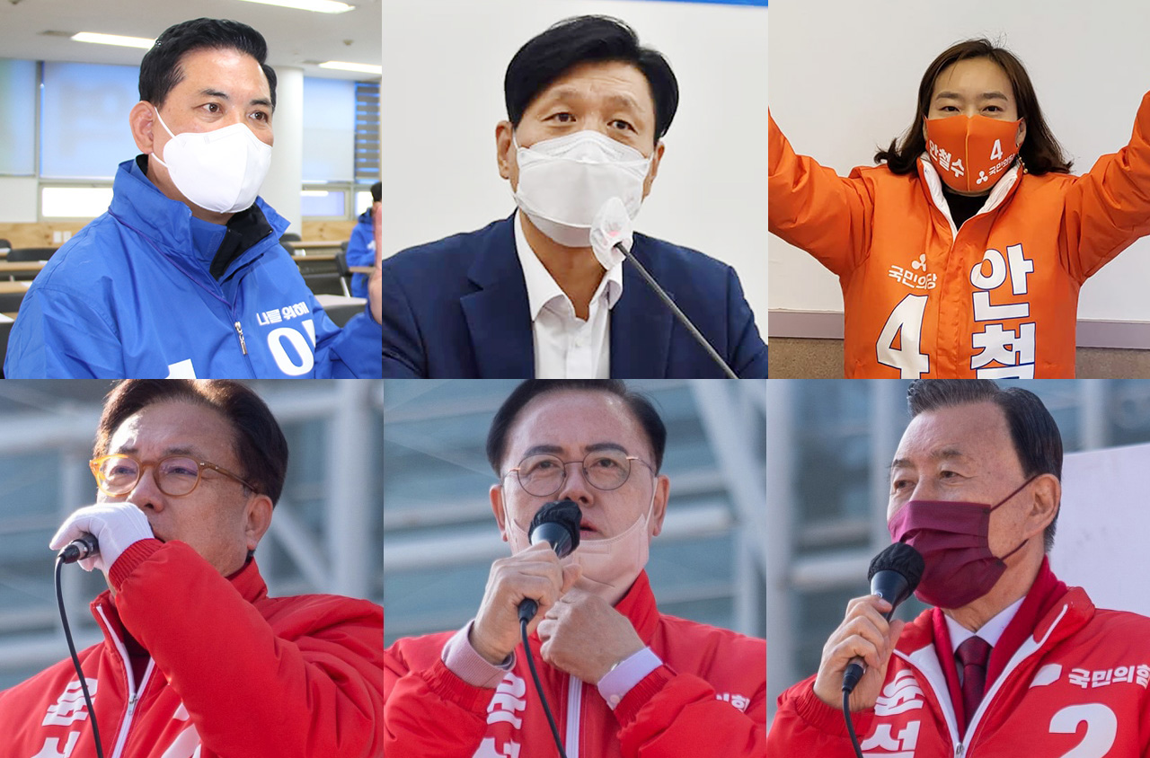 충청 정치권은 윤석열 국민의힘 대선 후보와 안철수 국민의당 대선 후보의 단일화에 엇갈린 해석을 내놨다. 윗줄부터 시계방향으로 더불어민주당 박영순, 조승래 의원, 국민의당 신순옥 충남조직본부장, 국민의힘 홍문표, 이명수, 정진석 의원.