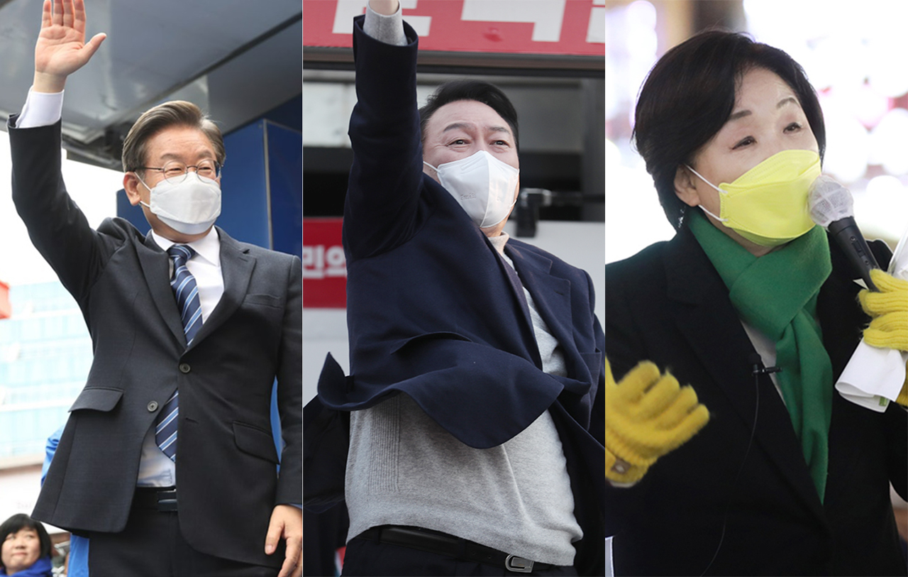 여야 대선 후보들이 20대 대선을 하루 앞둔 8일 마지막 득표전에 나섰다. 왼쪽부터 더불어민주당 이재명, 국민의힘 윤석열, 정의당 심상정 대선 후보.