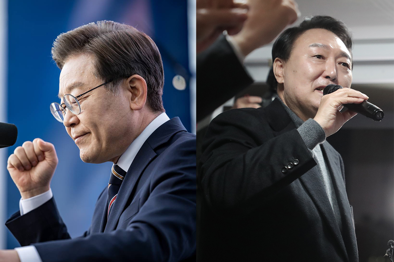 이재명 더불어민주당 대선 후보(왼쪽)와 윤석열 국민의힘 대통령 후보가 대선을 하루 앞둔 지난 8일 수도권과 지역을 돌며 마지막으로 국민의 지지를 호소했다.  