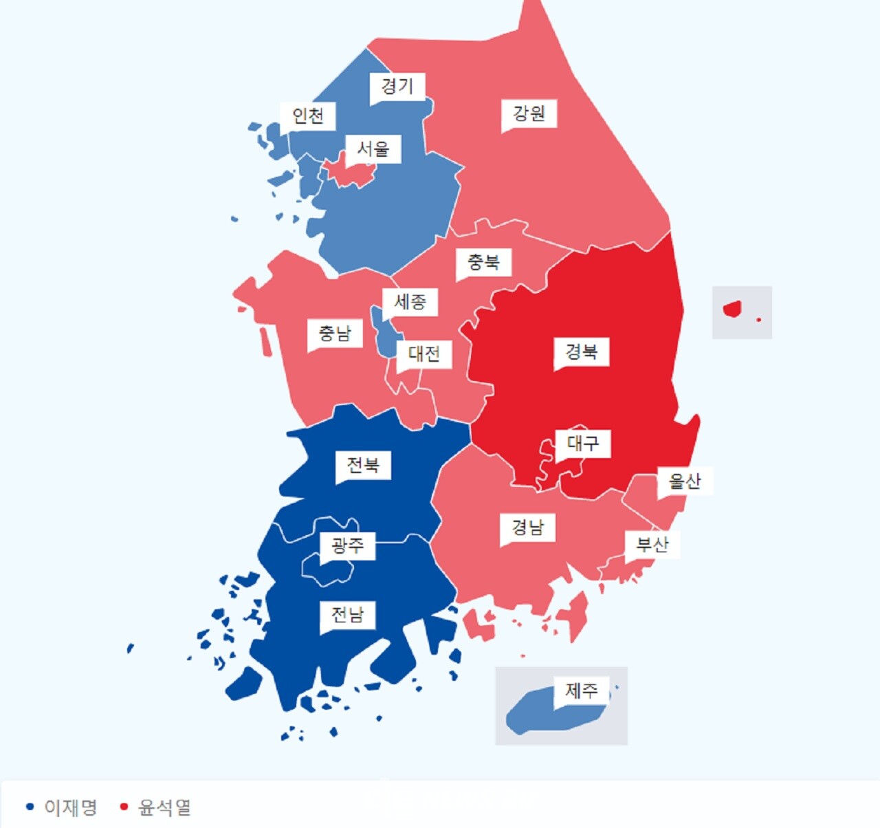 세종시를 제외한 대전·충남·북 등 충청권 대부분 지역에서 윤석열 후보가 승리했다. 네이버 제공. 