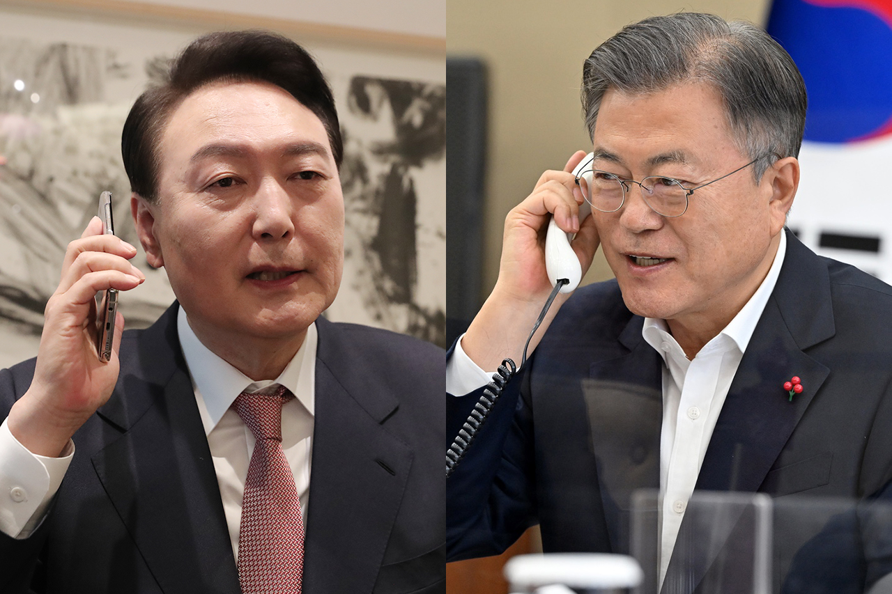 문재인 대통령은 10일 윤석열 제20대 대통령 당선인에게 전화를 걸어 당선을 축하했다. 청와대, 국민의힘 선대본부 제공. 