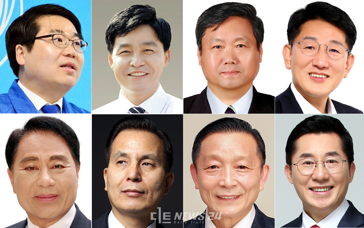  6월 1일 제8회 전국동시지방선거 아산시장 후보군. 윗줄 왼쪽부터 시계방향으로 오세현 현 시장, 황재만 시의장, 김수겸 전 호서대 교수, 전만권 전 천안시장, 박경귀 국민의힘 아산을위원장, 이교식 국민의힘 충남도당 부위원장, 조원규 전 이인제 대선후보 특보, 유기준 전 시의장.