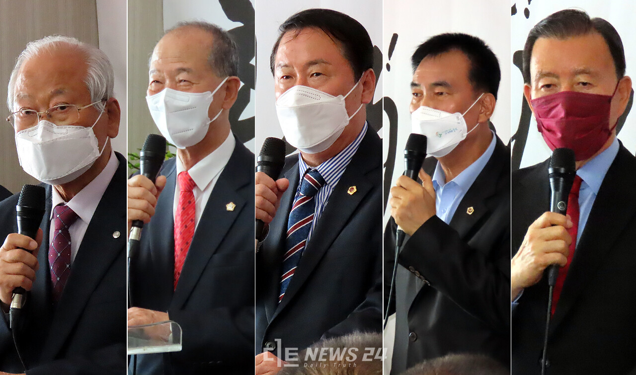 축사에 나선 박상록 예산군 노인회장, 이승구 예산군의장, 김기영·방일환 충남도의원, 홍문표 국회의원(왼쪽부터). 안성원 기자. 