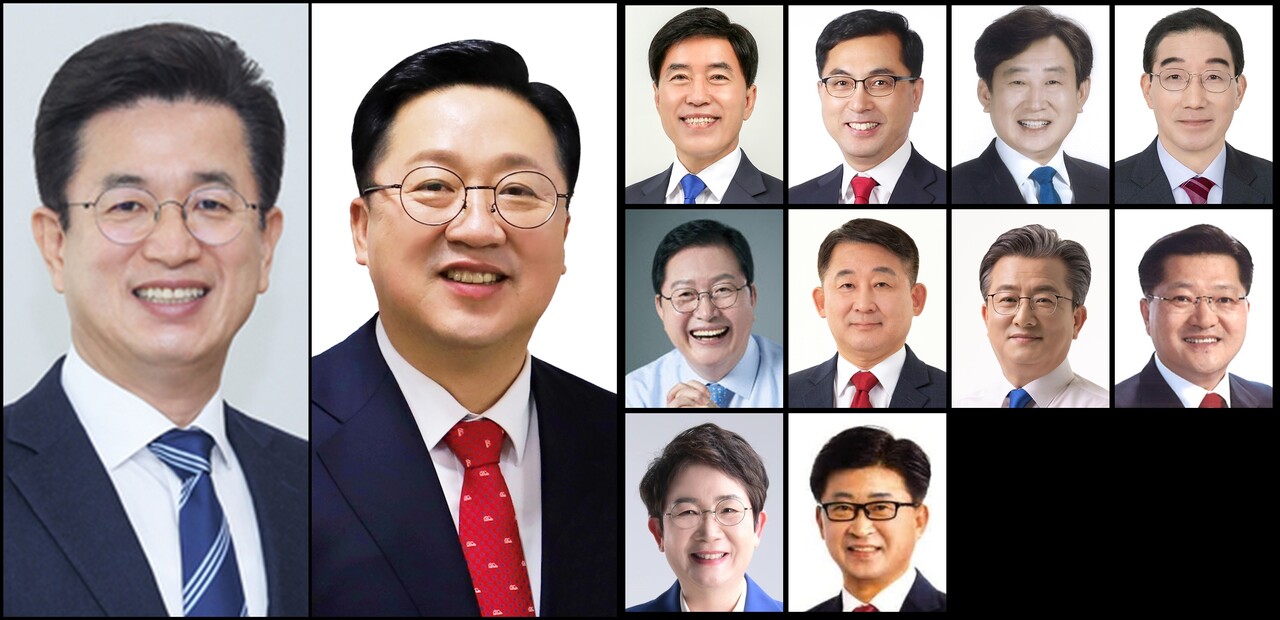 6·1지방선거 대전시장·구청장 출마자들. 왼쪽이 더불어민주당 허태정, 국민의힘 이장우 후보. 오른쪽이 구청장 출마 후보자들. 
