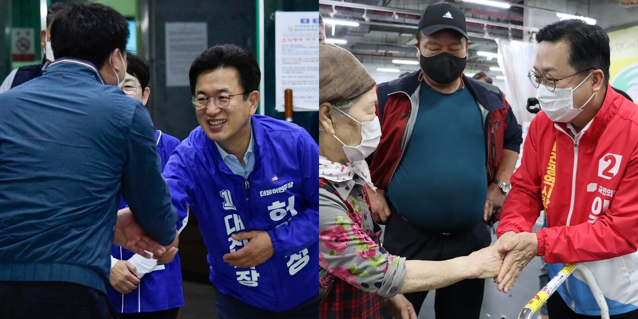 공식 선거운동 첫날인 19일 여·야 대전시장 후보들이 민생 현장을 찾아 지지를 호소하고 있는 모습. 왼쪽부터 허태정 더불어민주당 후보, 이장우 국민의힘 후보. 각 캠프 제공.