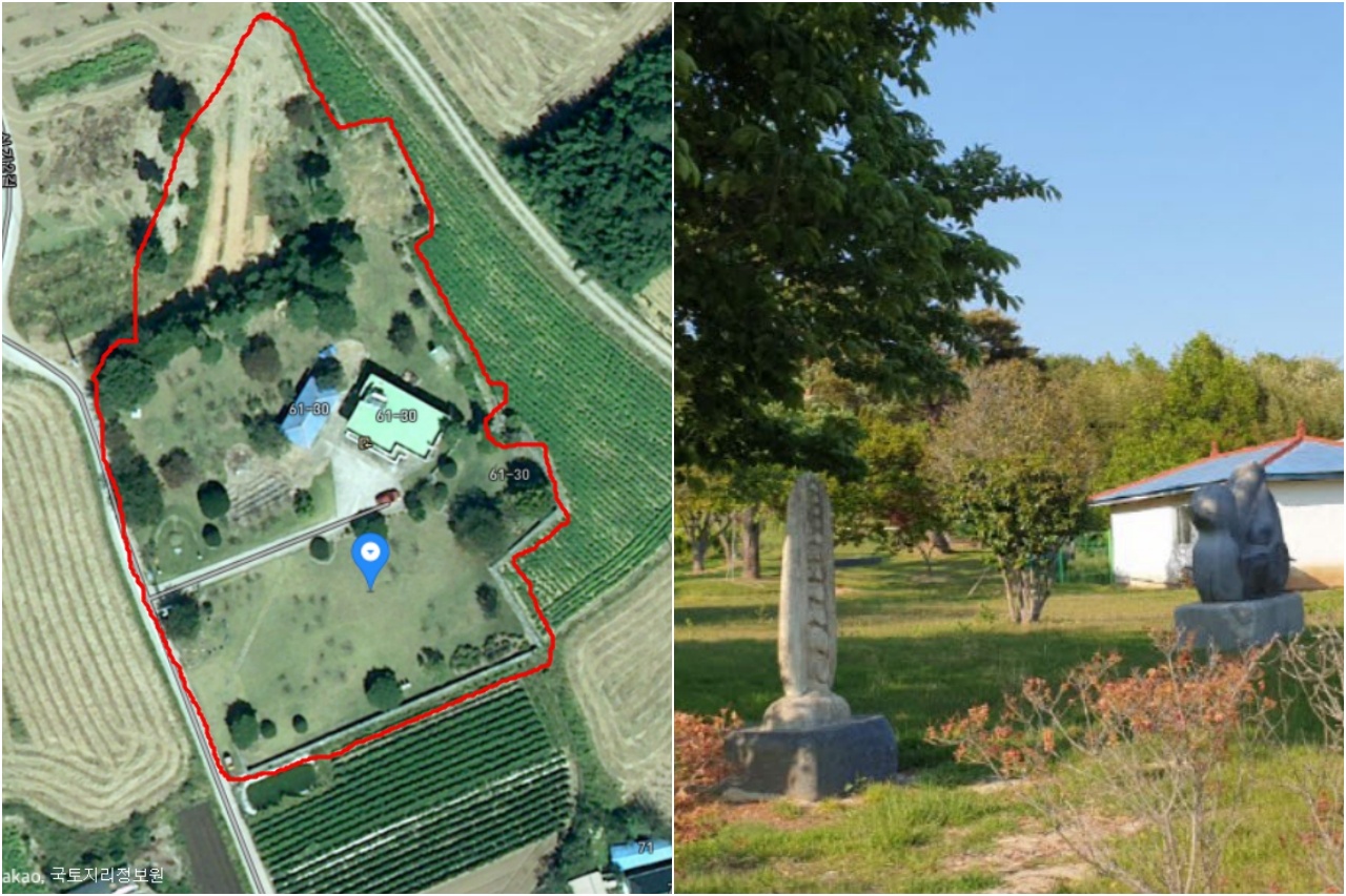 위성사진으로 본 김태흠 국민의힘 충남지사 후보의 보령시 자택과 인근 토지(왼쪽)와 해당 토지에 세워진 조각 석상. 양 후보 캠프 제공. 
