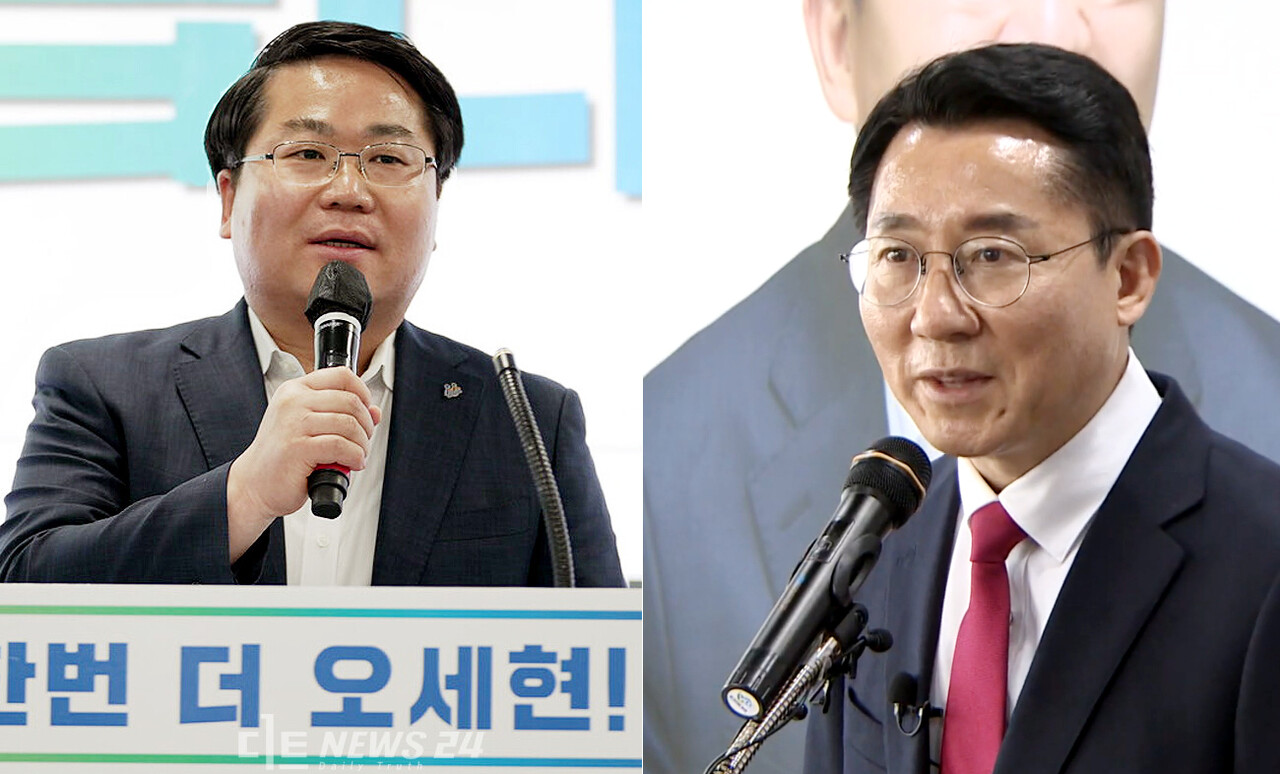 오세현 더불어민주당 아산시장 후보(왼쪽) 선대위가 박경귀 국민의힘 후보(오른쪽)를 공직선거법 위반 등의 혐의로 경찰과 선관위에 고발했다. 자료사진.