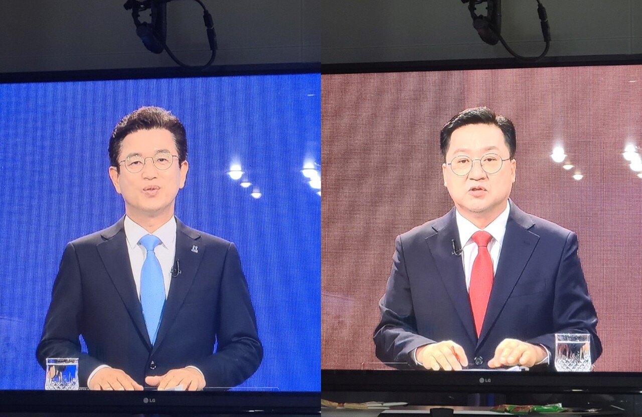 선거 전 마지막 토론에 참여하고 있는 대전시장 후보들. (왼쪽부터) 허태정 더불어민주당 후보, 이장우 국민의힘 후보. TJB 방송 갈무리.