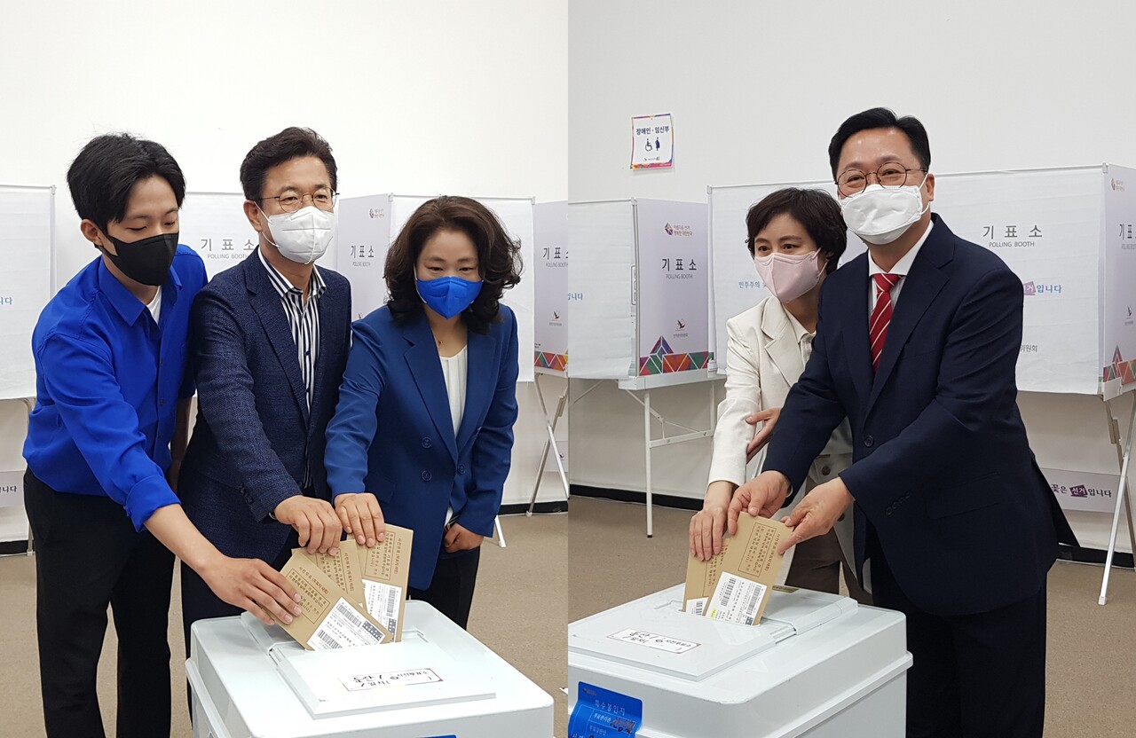 6·1지방선거 사전투표일 첫날인 27일 오전 대전시장 후보들이 시청 1층 투표소를 찾아 투표하고 있는 모습. 박성원 기자.