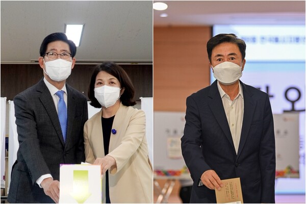 충남지사 후보들이 6·1 제8회 전국동시지방선거 사전투표 첫날인 27일 투표를 마쳤다. 후보 캠프 제공. 