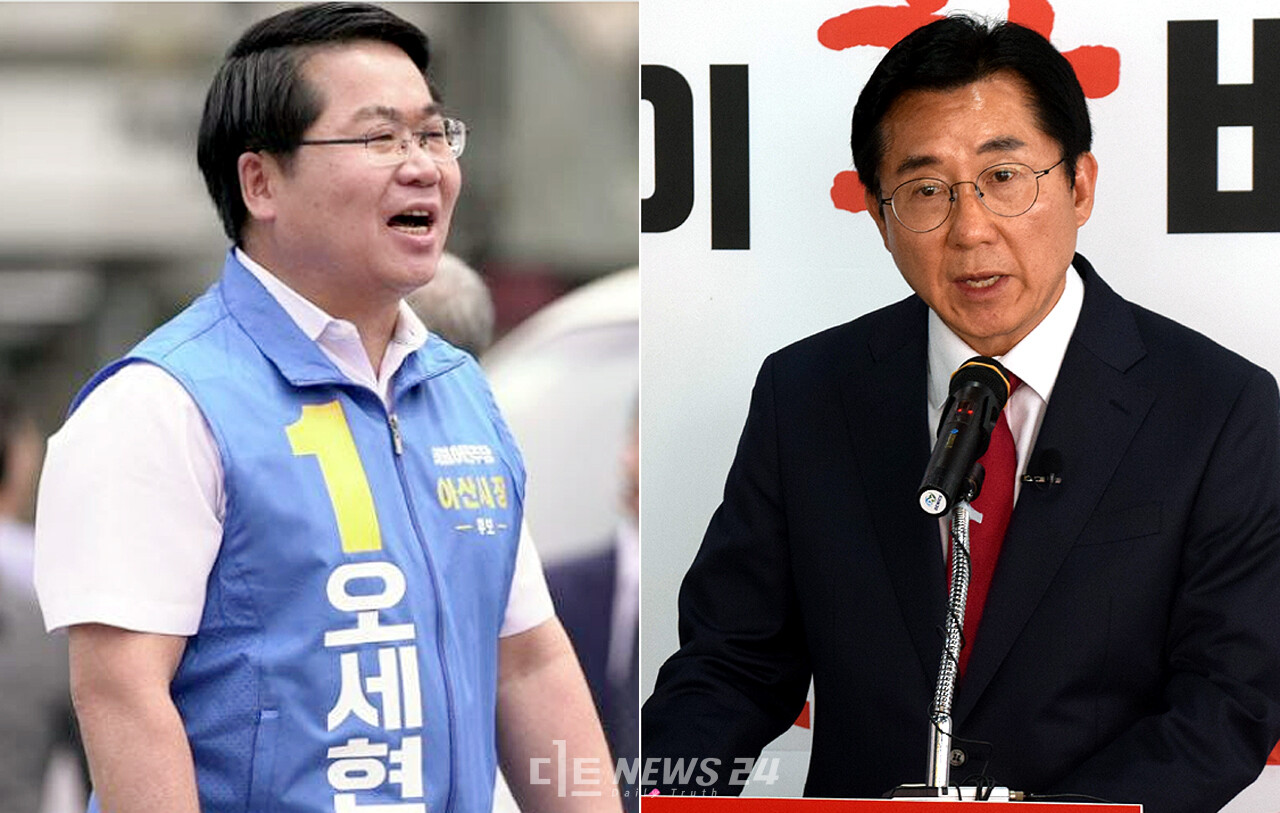 한국 매니페스토 충남본부의 아산시장 후보 공약 평가 결과, 오세현 더불어민주당 후보(왼쪽)는 '도시계획 및 지역개발’에, 박경귀 국민의힘 후보는 ‘경제분야’에 집중된 것으로 나타났다. 