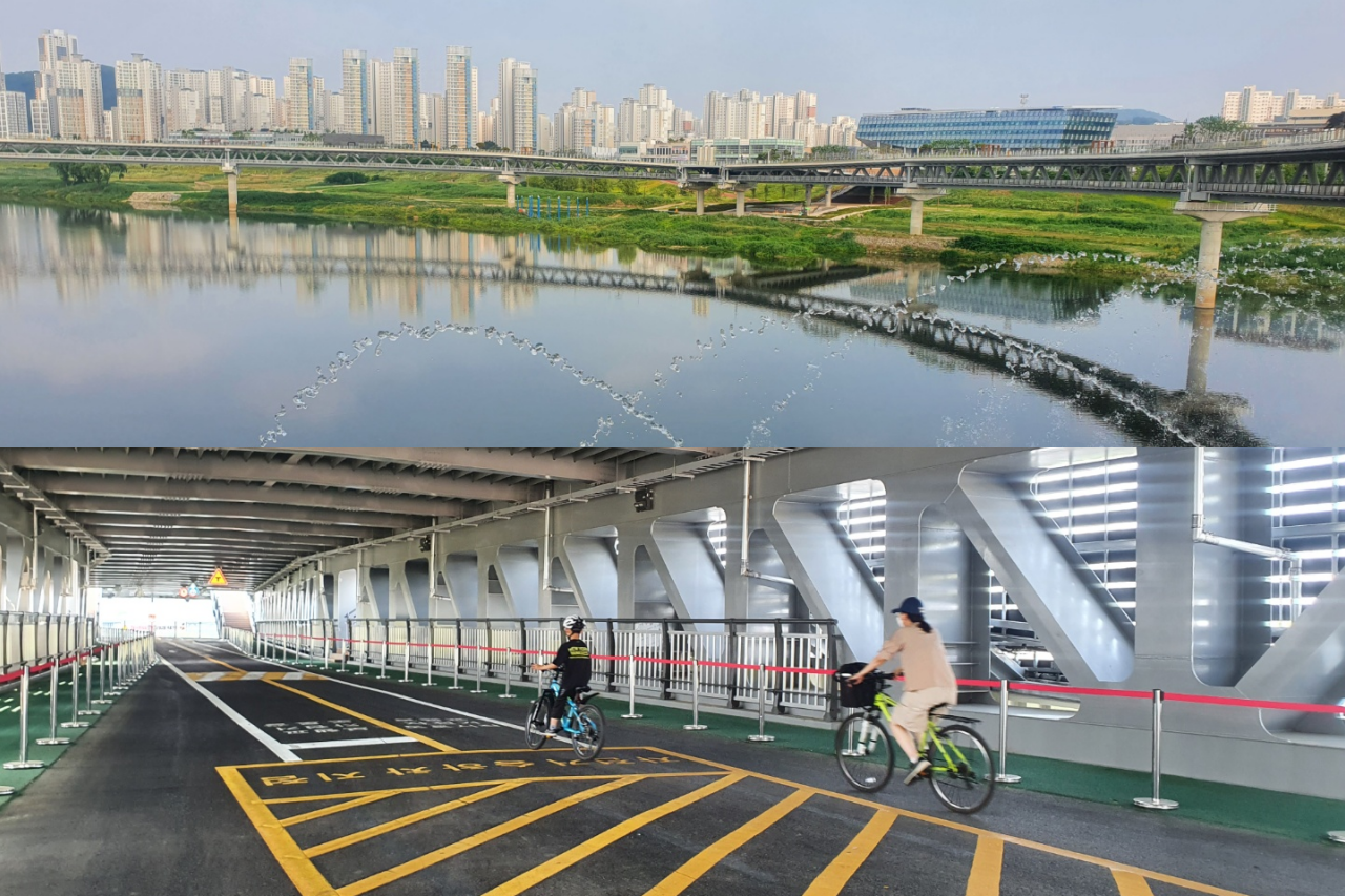 위쪽부터 보행교 자전거 도로에서 바라본 세종시 전경. 일부 구간에선 여름을 맞아 물줄기를 내린다. 아래는 세종시민이 자전거를 타고 보행교에 진입하는 모습. 김다소미 기자.