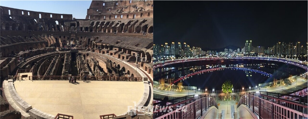 이탈리아 로마의 원형 경기장겸 공연장 '콜로세움(좌·트립어드바이저 발췌)'과 세종시의 원형 보행교 '이응다리(우·세종시 제공)' 전경.  